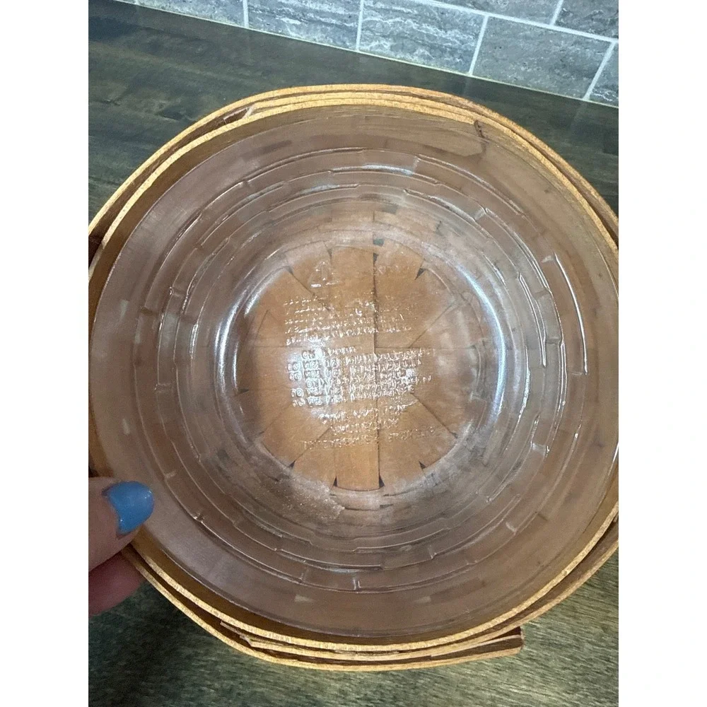 Longaberger 1991 Handwoven Round Basket with Leather Handles and Plastic Liner